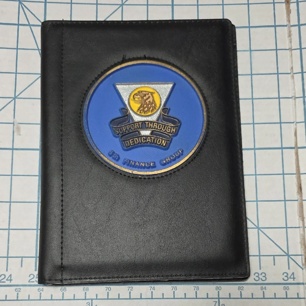 Black Folio, Pen - Unit Insignia US Army 5th Finance Group Germany 1980s 10x7.5